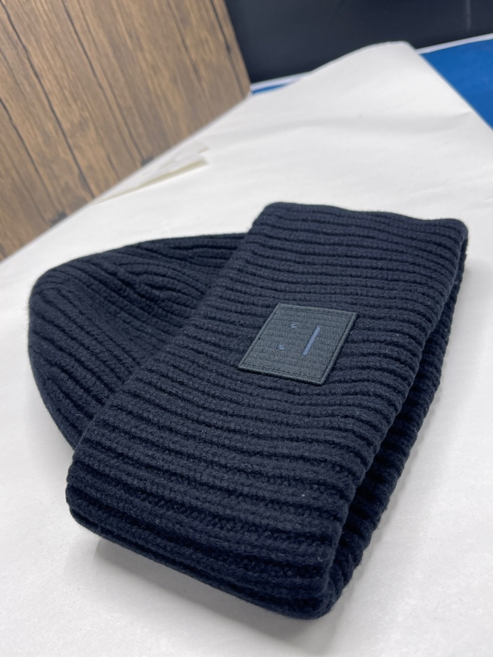 Acne Studios Pansy Wool Beanie Face Logo Ribbed Knit Hat One Size 56cm Cap Black